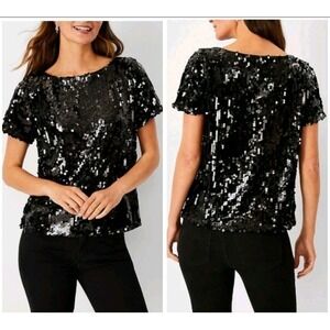 Ann Taylor Womens Dark Green Top Small Short Sleeve Square Neck Sequin Lined NEW